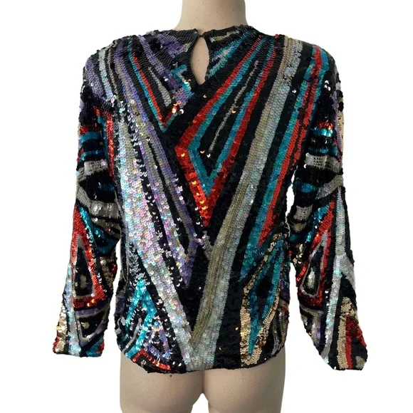 Vintage Multicolored Geometric Print Sequin Long Sleeve Blouse Peony and Phoenix - Picture 7 of 10